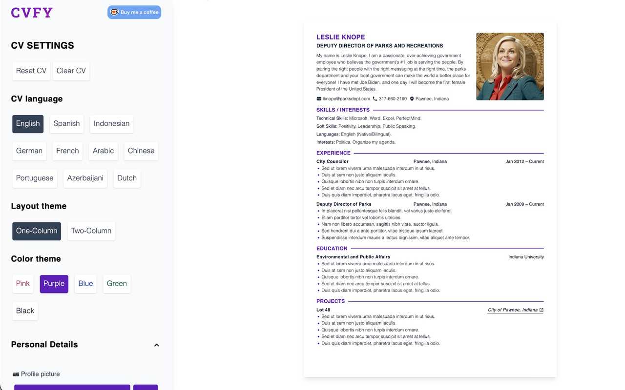 Screenshot of CvFy project.